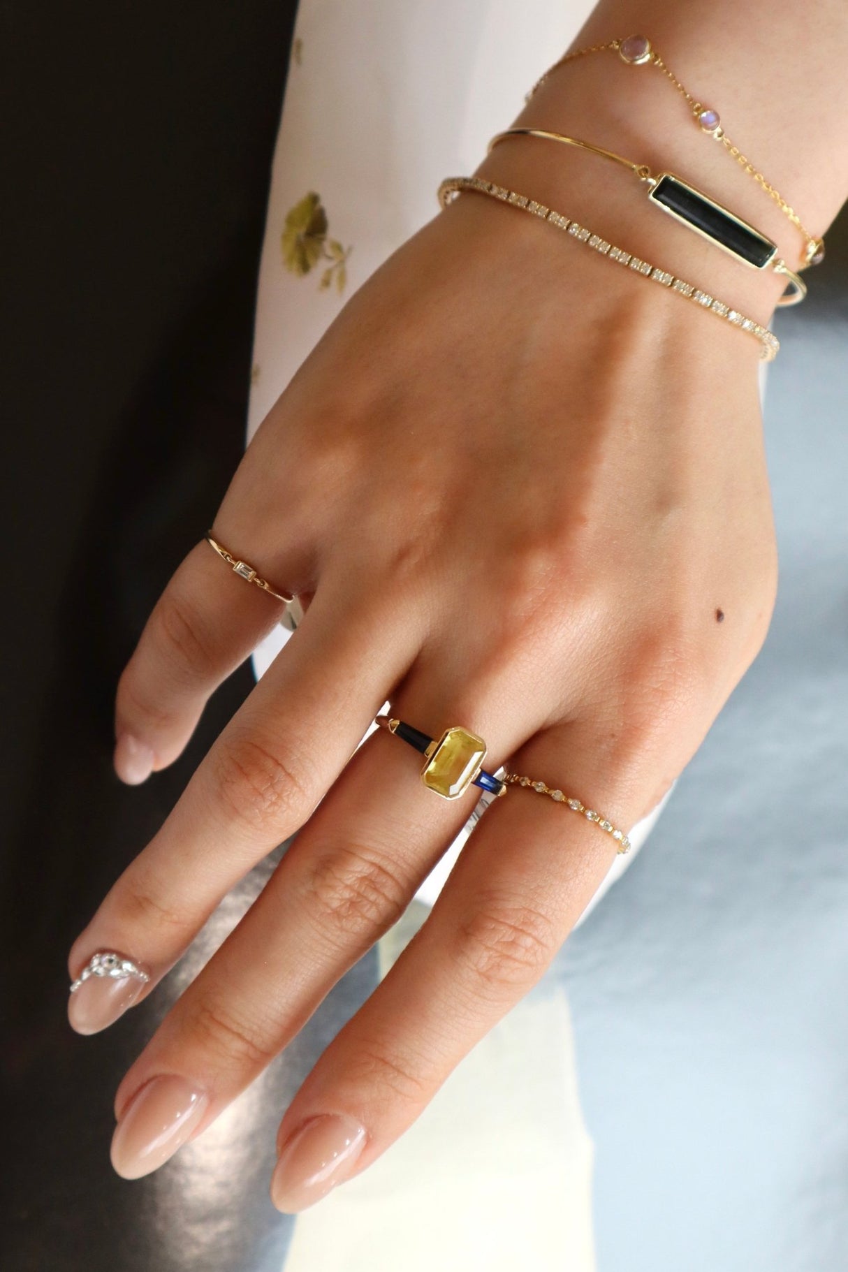 Sapphire Triplet Bar Ring 18k gold stackable ring on model 2