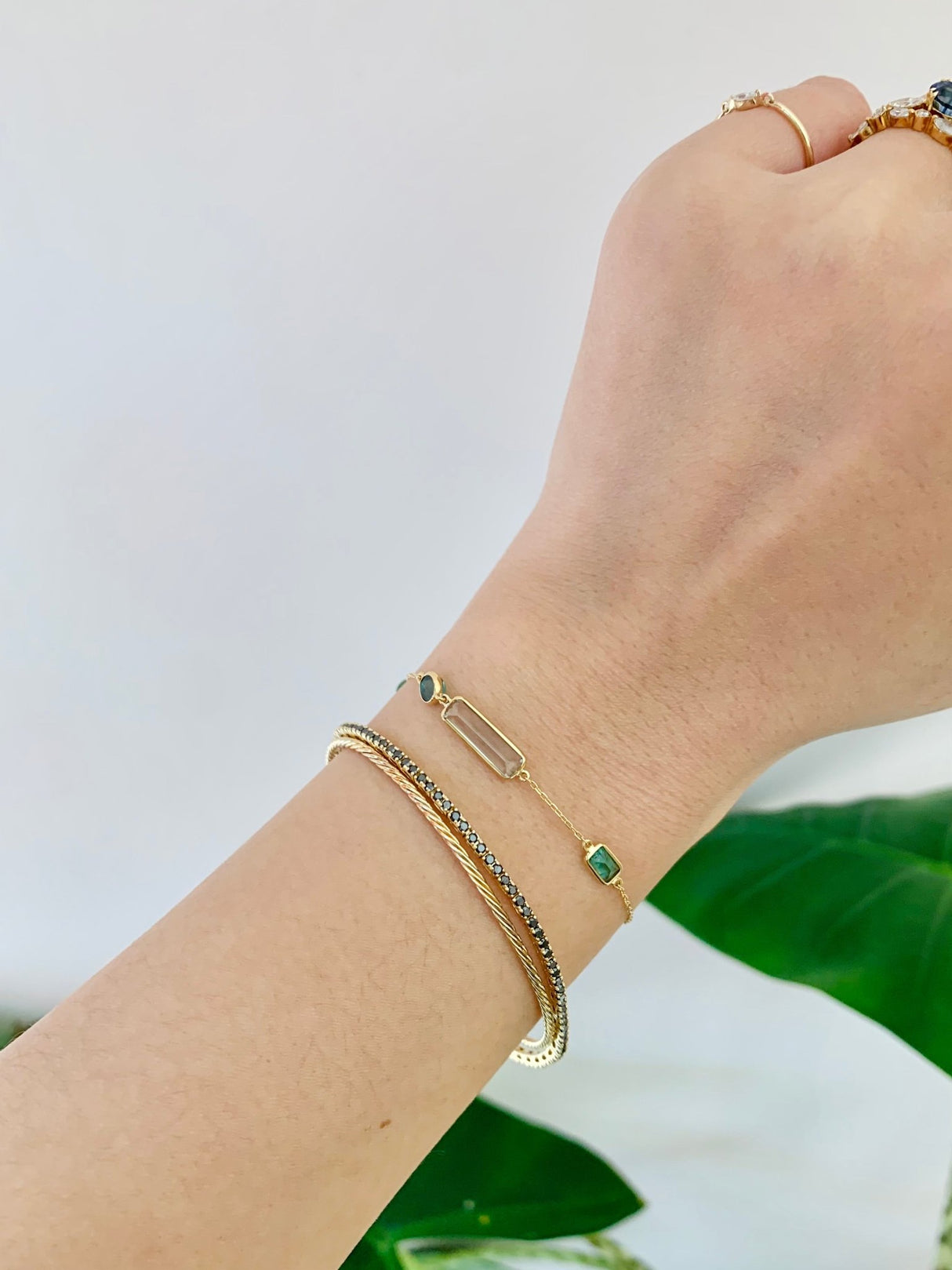 Seamless Black Diamond Tennis Bracelet 18k gold stackable design on model