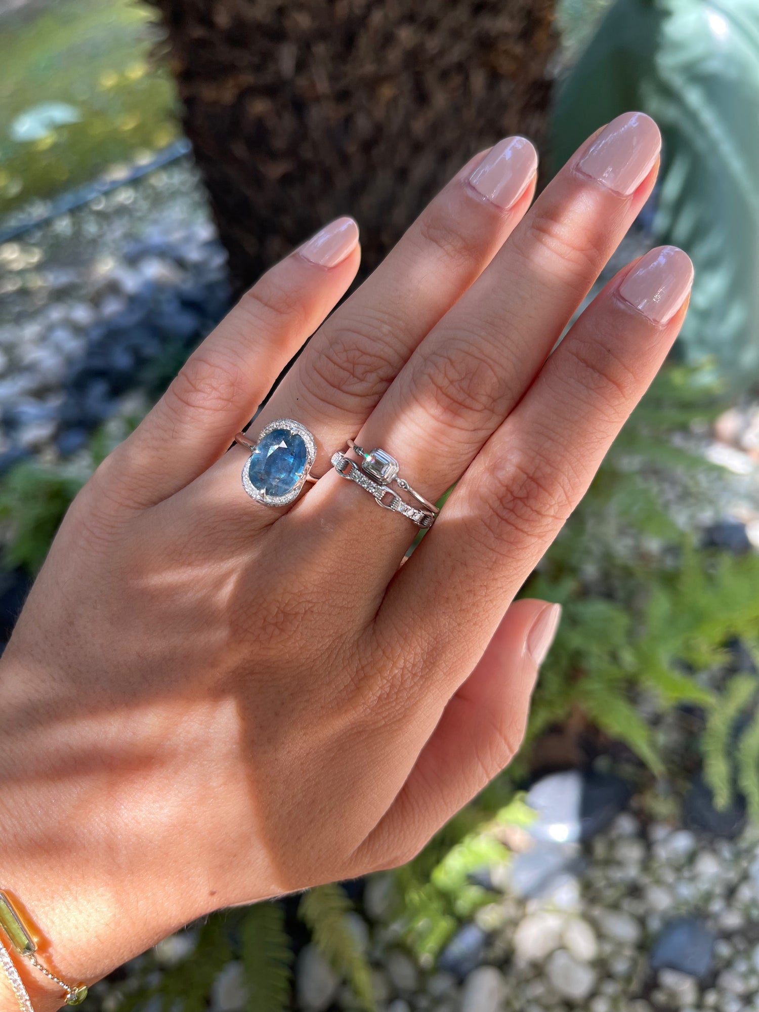 Siam Sapphire & Diamond Aurora Ring pt900 engagement ring on model