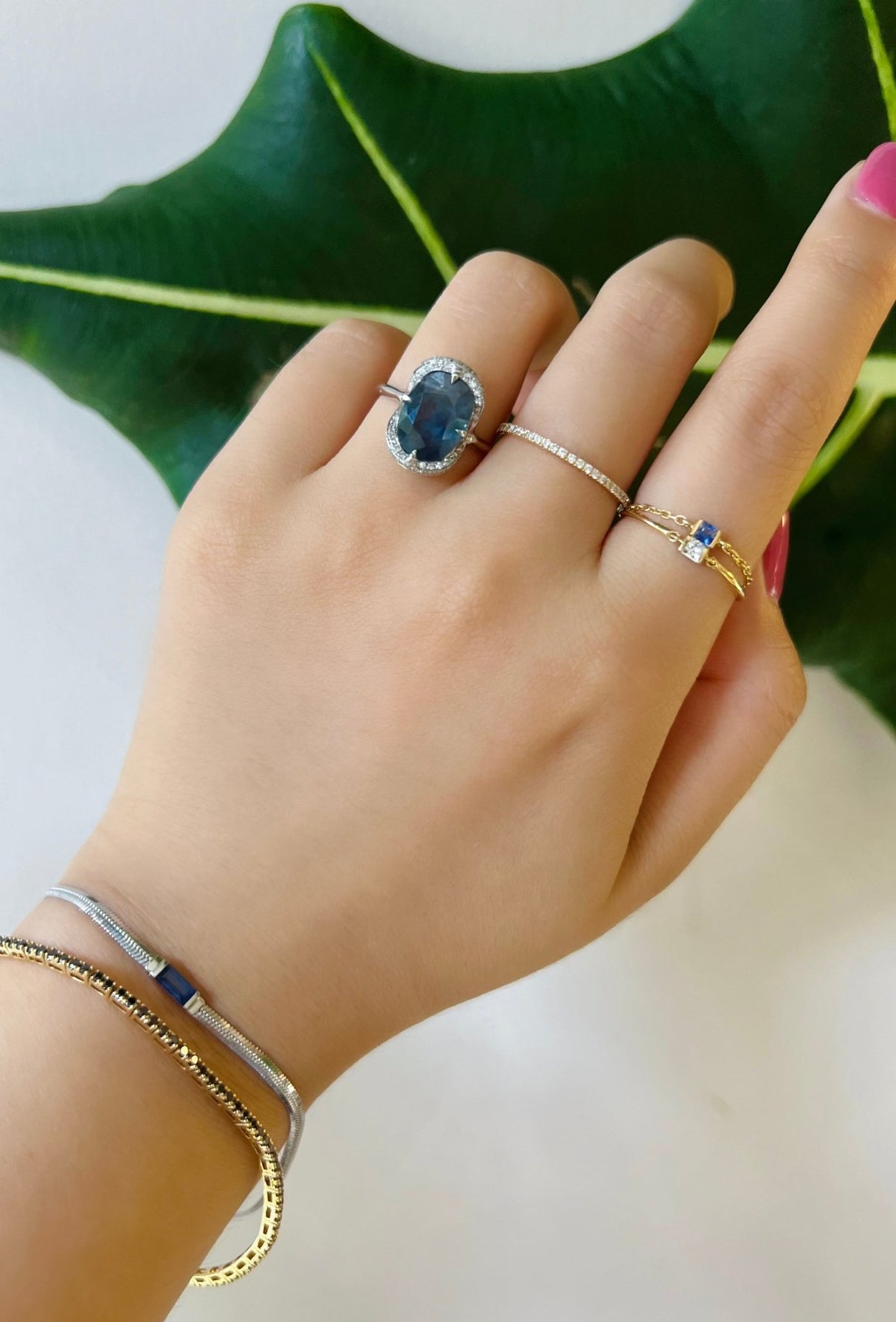 Siam Sapphire & Diamond Aurora Ring pt900 engagement ring on model