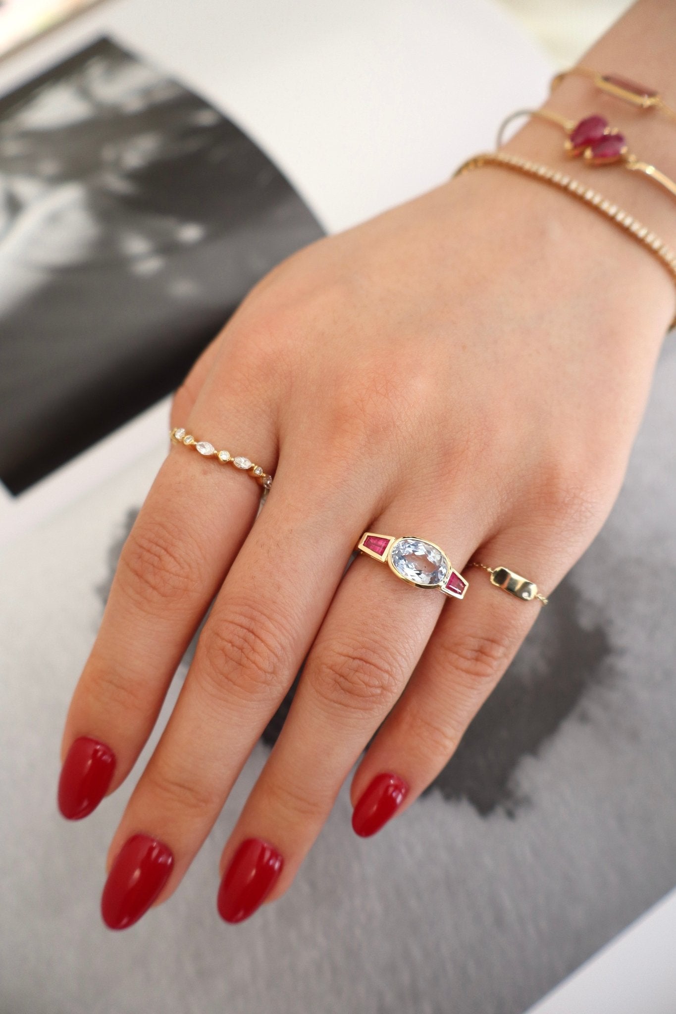Sapphire & Ruby Triplet Ring 18k gold stackable ring on model