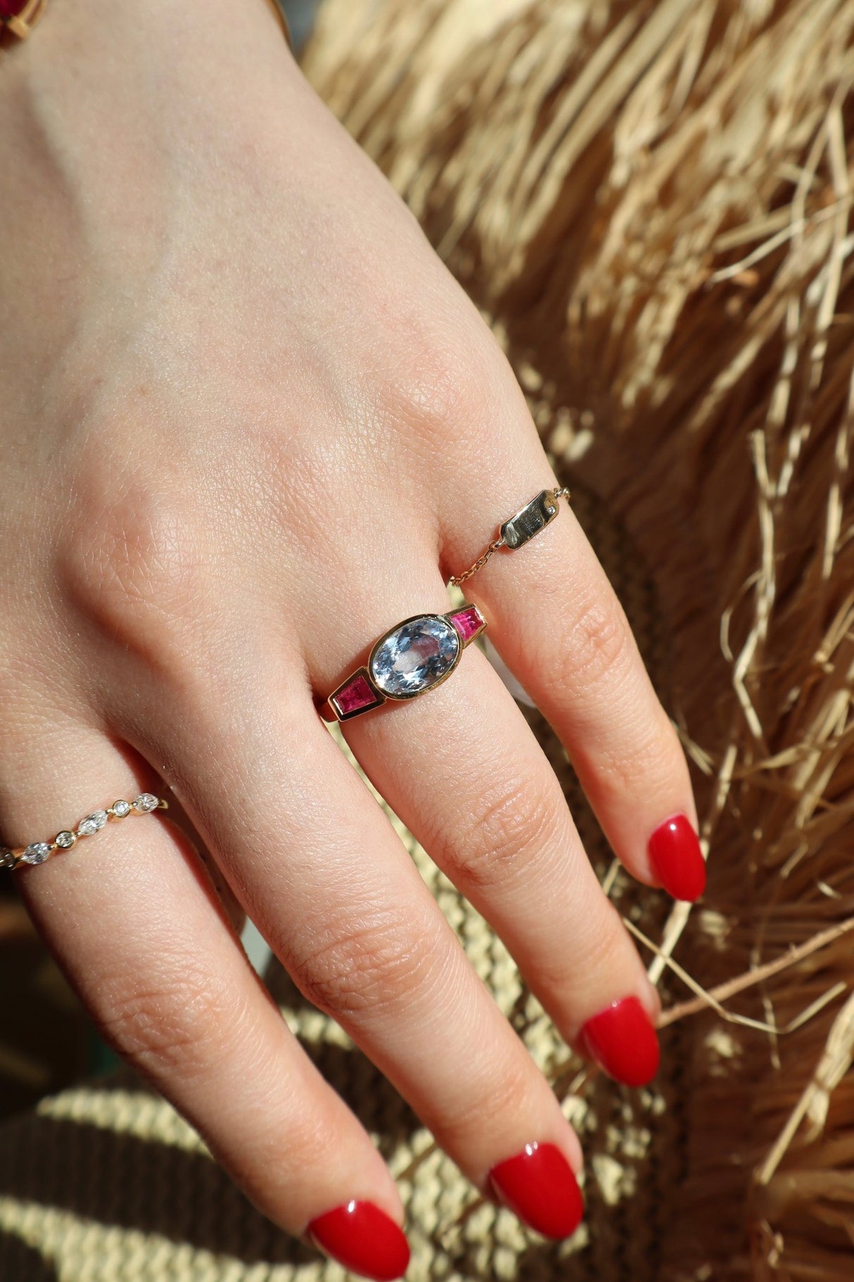Sapphire & Ruby Triplet Ring 18k gold stackable ring on model 2
