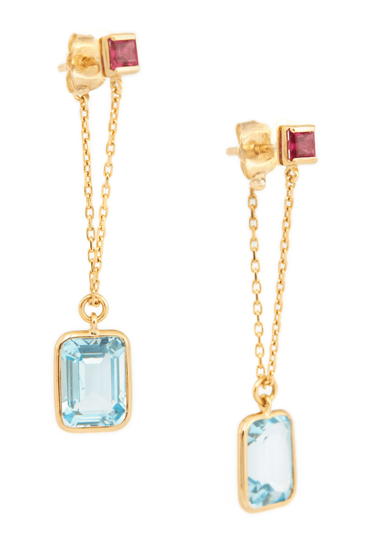 Sky Blue Topaz & Ruby Chain Earrings 18K Gold Handmade Fine Jewelry