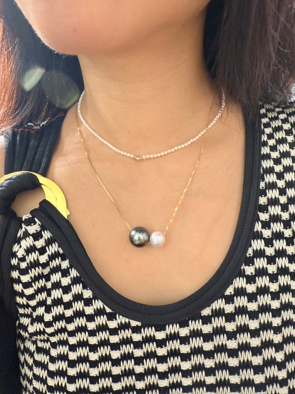 Tahitian & Akoya Pearl Necklace 18k gold handmade fine jewelry on model