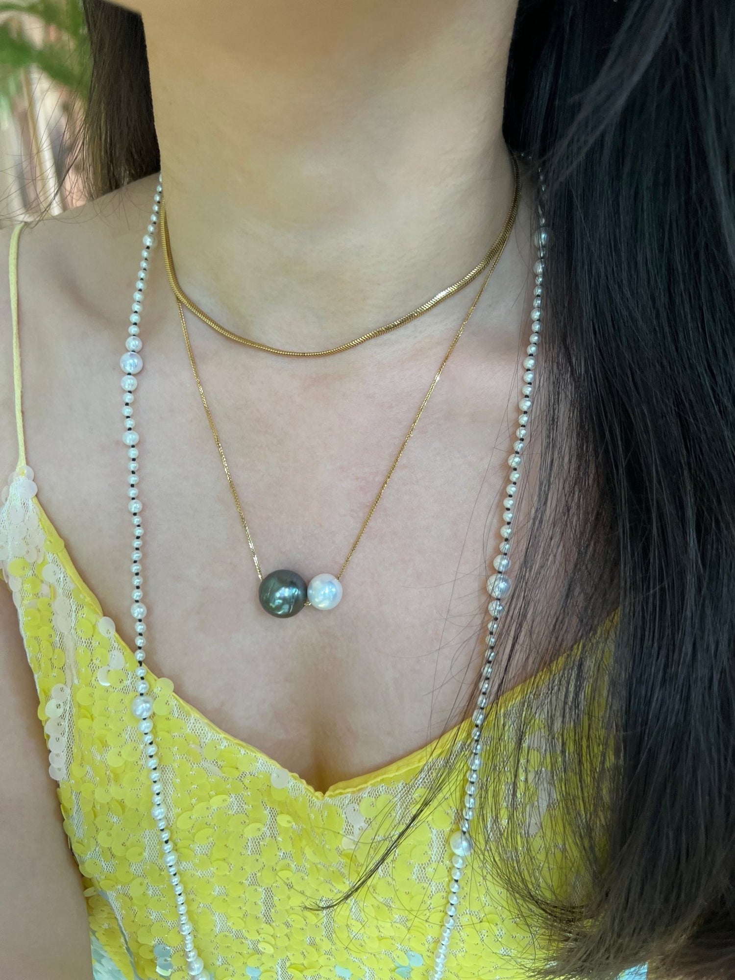 Tahitian & Akoya Pearl Necklace 18k gold handmade fine jewelry on model 1