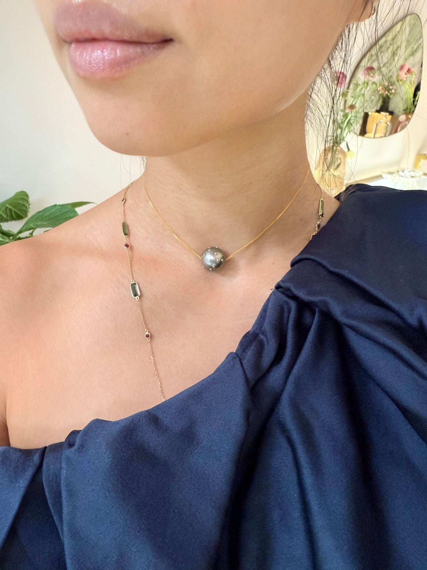 Tahitian Black Pearl & Diamond Constellation Necklace 18k gold handmade fine jewelry on model 1