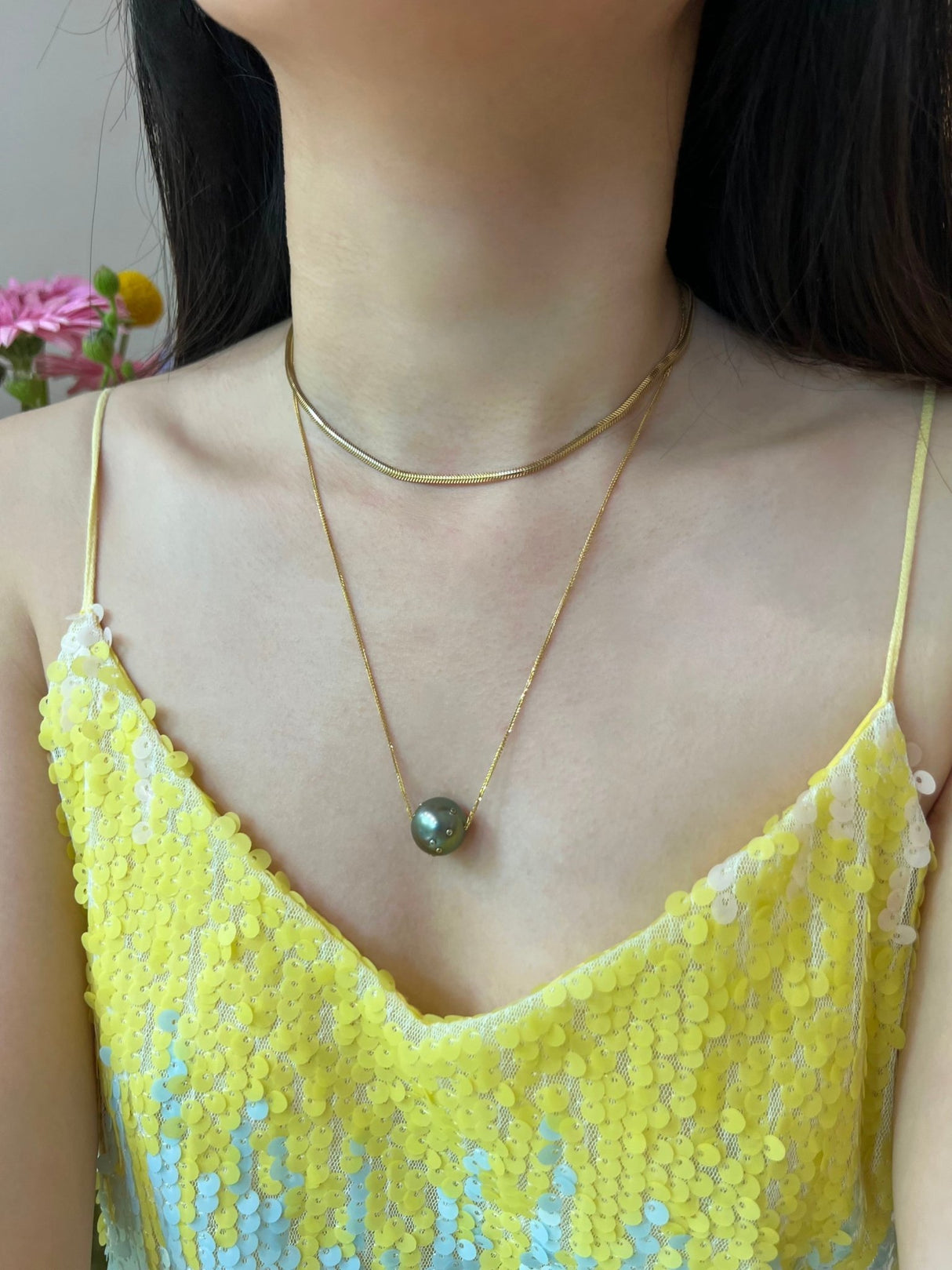 Tahitian Pearl & Diamond Constellation Necklace 18k gold handmade fine jewelry on model