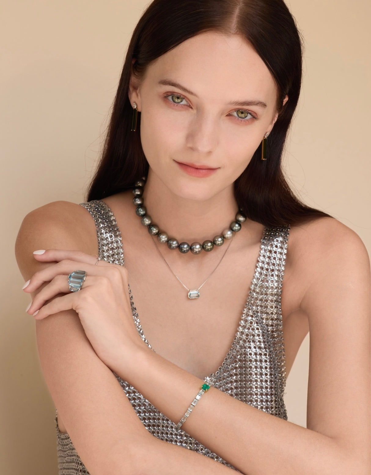 Tahitian Pearl & Diamond Persephone Choker Necklace 18k gold handmade fine jewelry on model