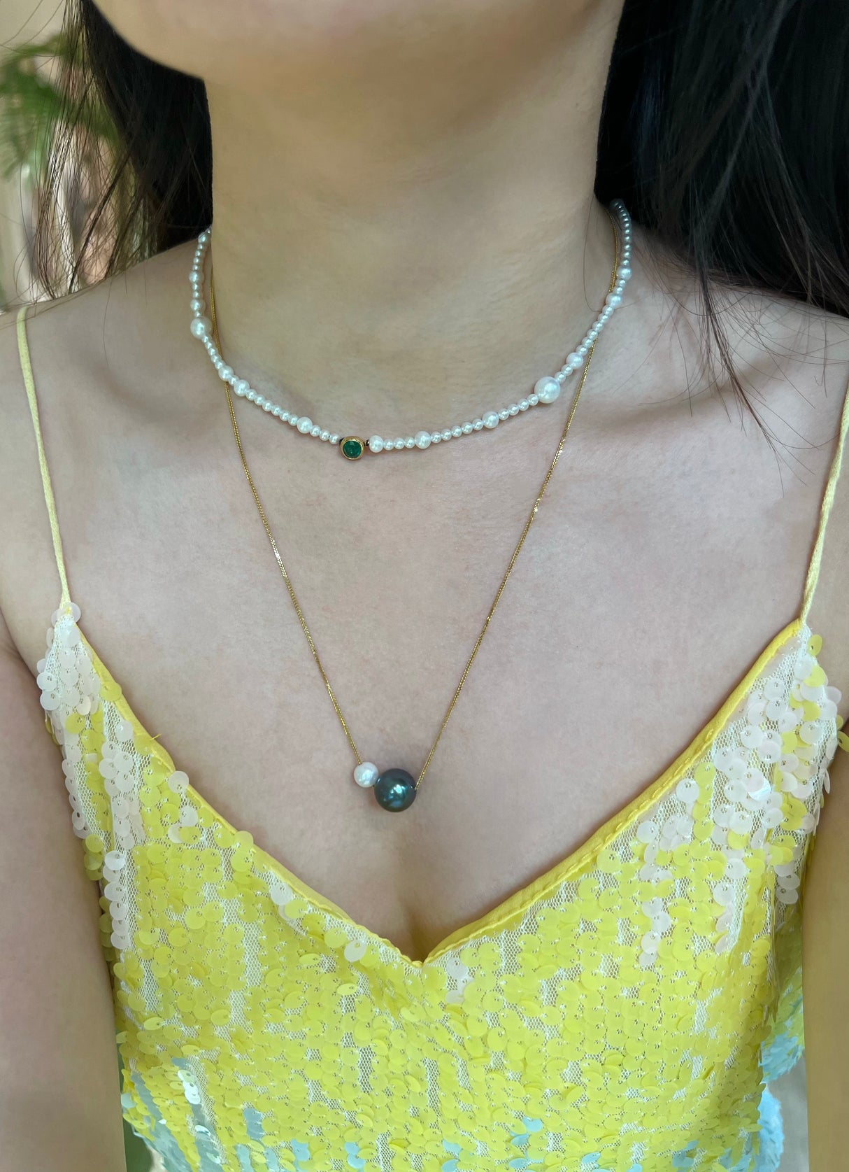 Tahitian Pearl Duo Necklace 18k gold handmade fine jewelry on model