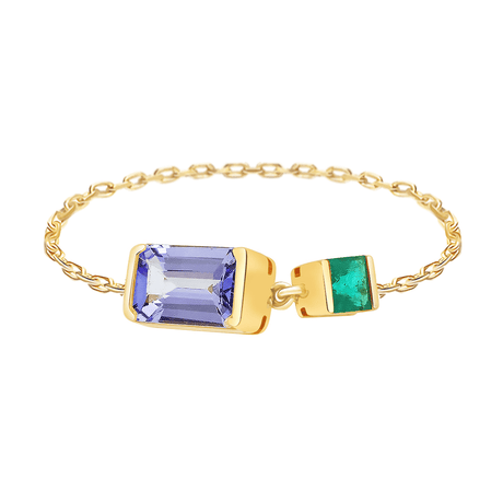 Tanzanite & Emerald Chain Ring 18k gold Stackable ring