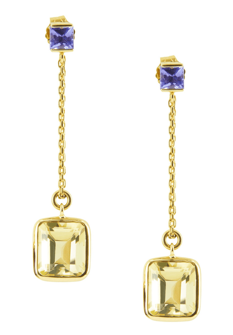 Tanzanite & Lemon Quartz Earrings 18K Gold Handmade Fine Jewelry