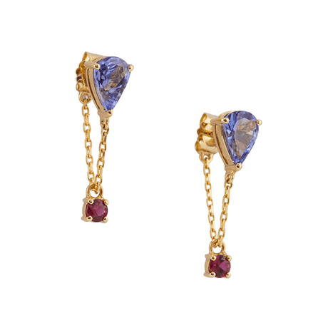 Tanzanite & Ruby Chain Earrings 18K Gold Handmade Fine Jewelry