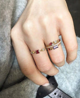 Tanzanite & Ruby Chain Ring 18k gold Stackable ring on model
