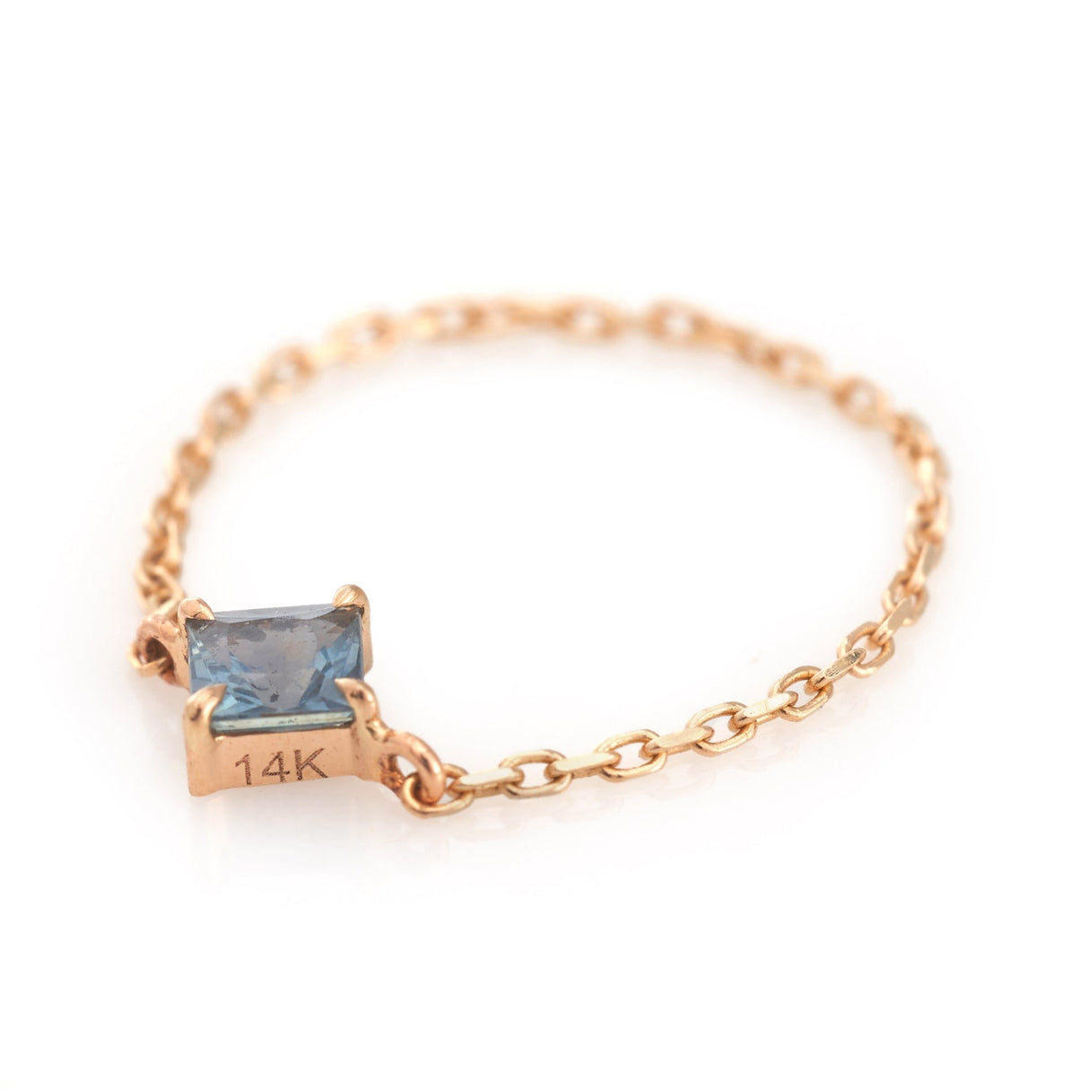 Teal Sapphire Chain Ring 14k gold Stackable ring on model side view