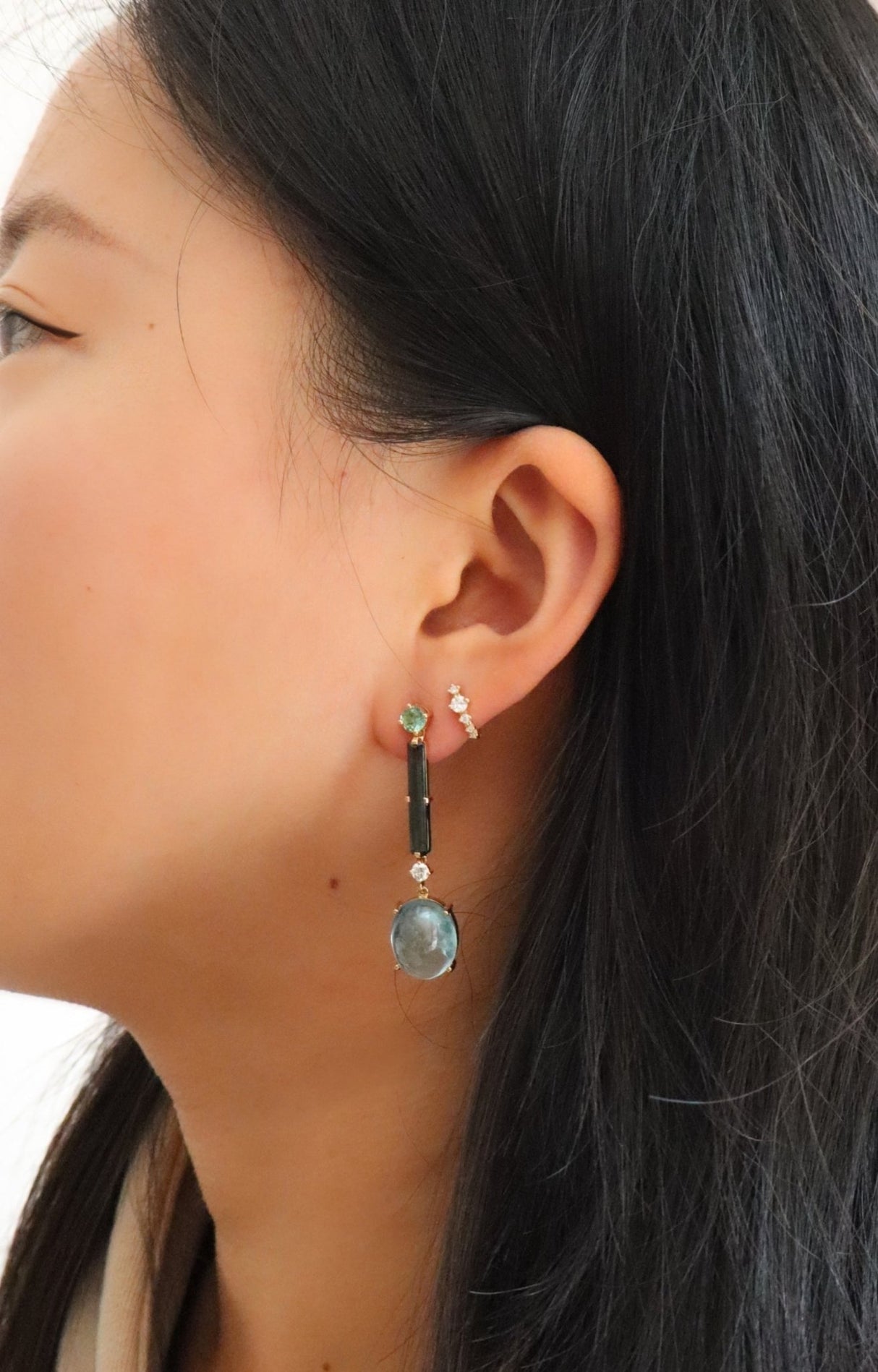 Tourmaline Aquamarine & Diamond Neptune’s Earrings  Stackable design on model 1