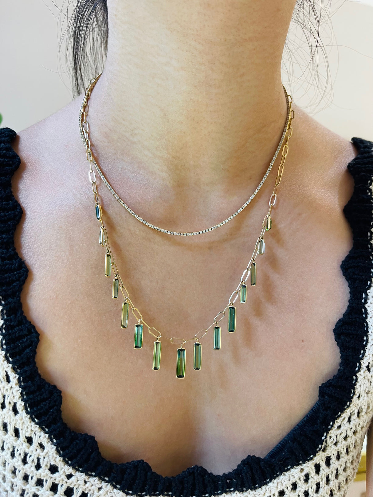 Tourmaline Bamboo Forrest Necklace 18k gold handmade fine jewelry on model