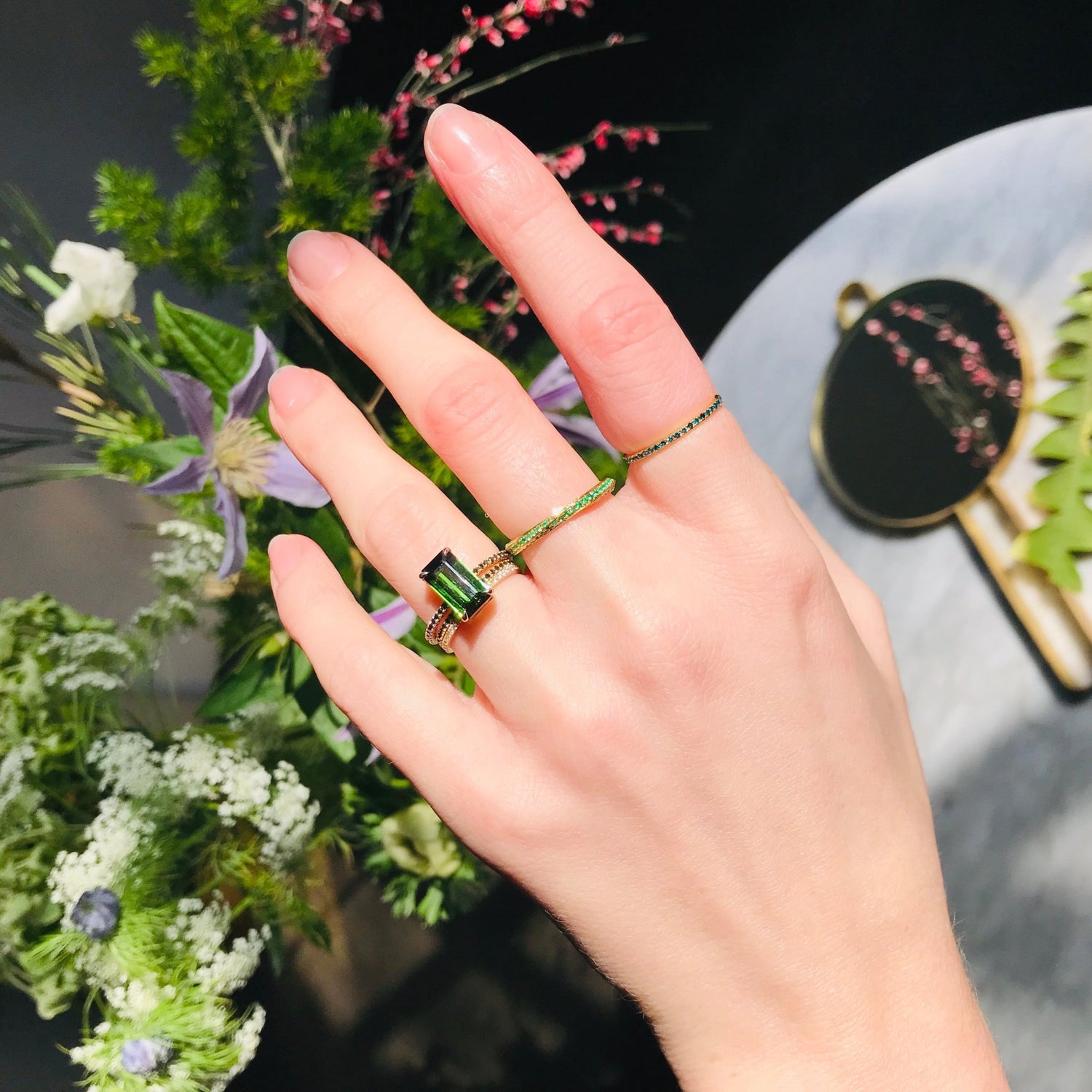 Tourmaline & Black Diamond Bar Ring 18k gold stackable ring on model 2