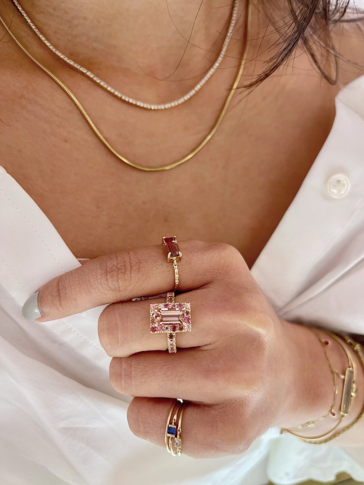 Tourmaline Bubble Gum Candy Ring 18k gold stackable ring on model