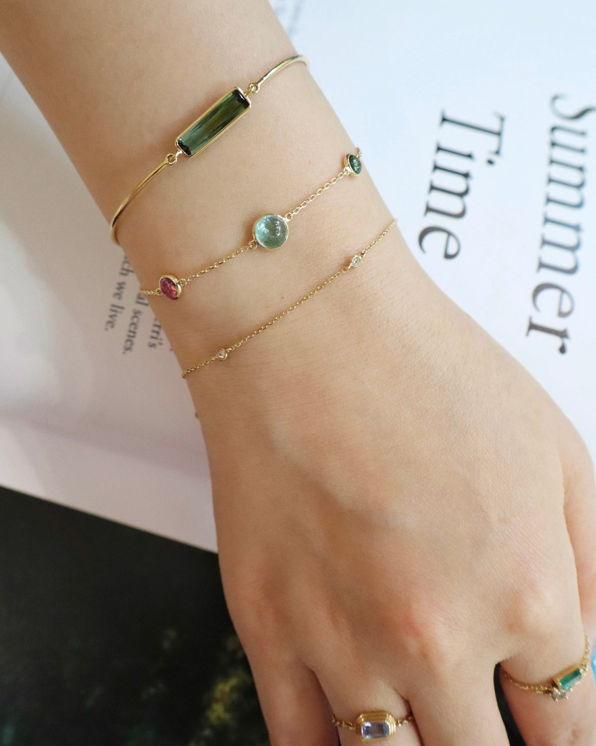 Tourmaline_Cabochon_Candy_Bracelet_18K_gold_stackable_design_handmade_fine_jewelry_on_model_2