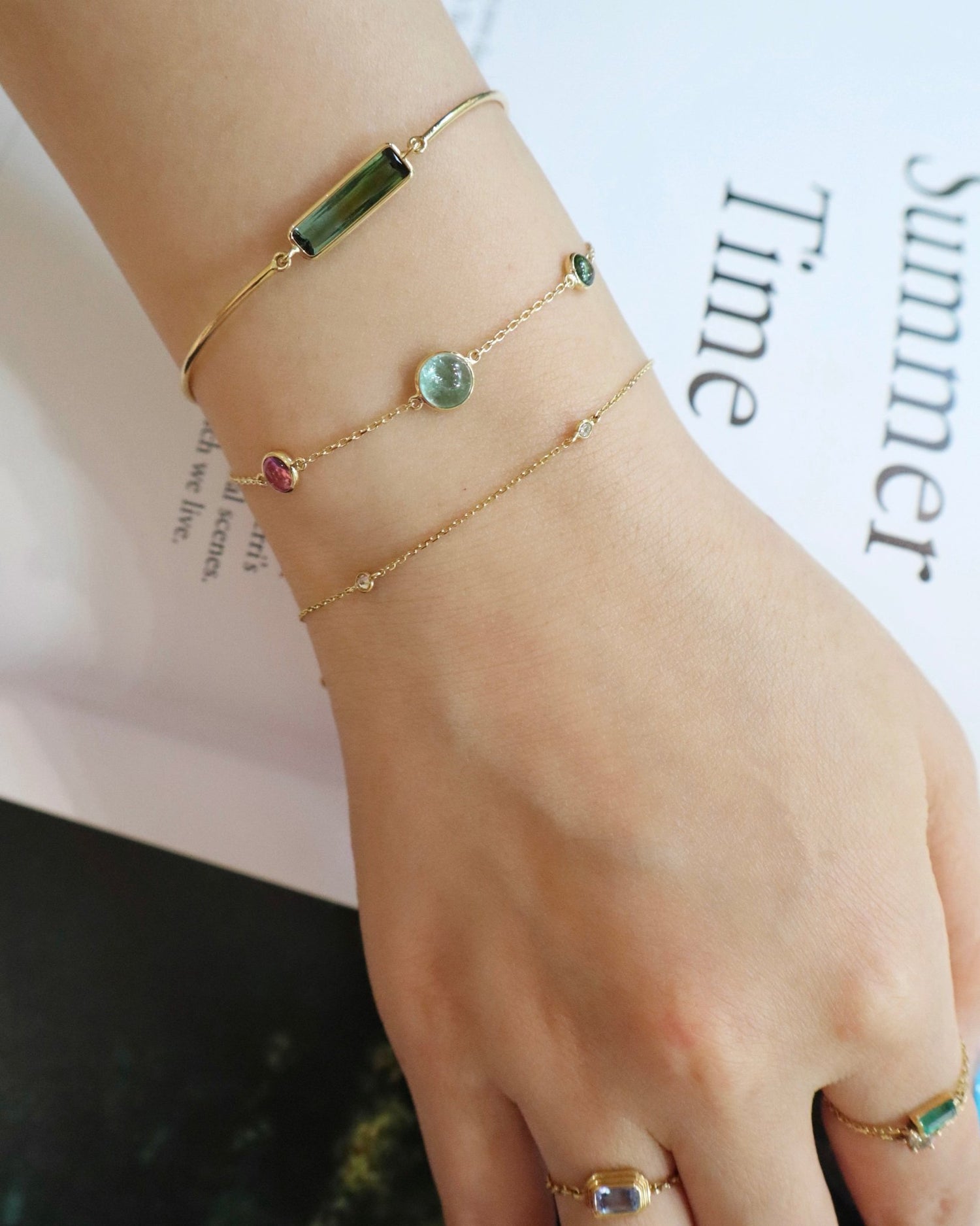 Tourmaline_Cabochon_Candy_Bracelet_18K_gold_stackable_design_handmade_fine_jewelry_on_model_2
