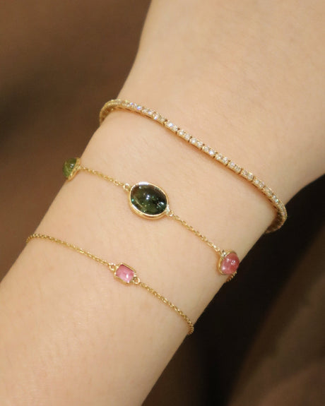 Tourmaline Cabochon Candy Bracelet 18k gold Stackable design on model 5