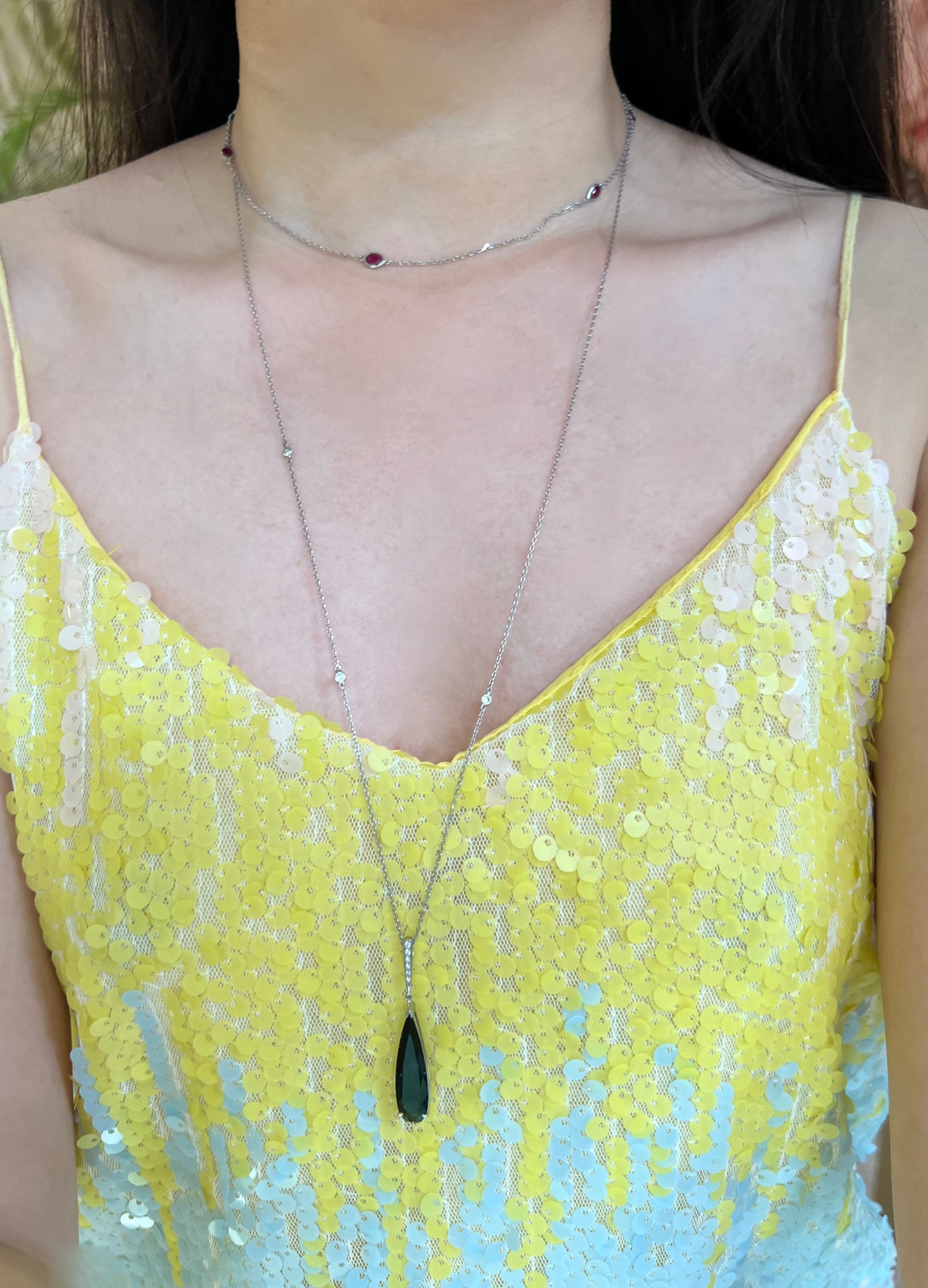 Tourmaline & Diamond Dewdrop Protection Necklace 18k gold handmade fine jewelry on model 2