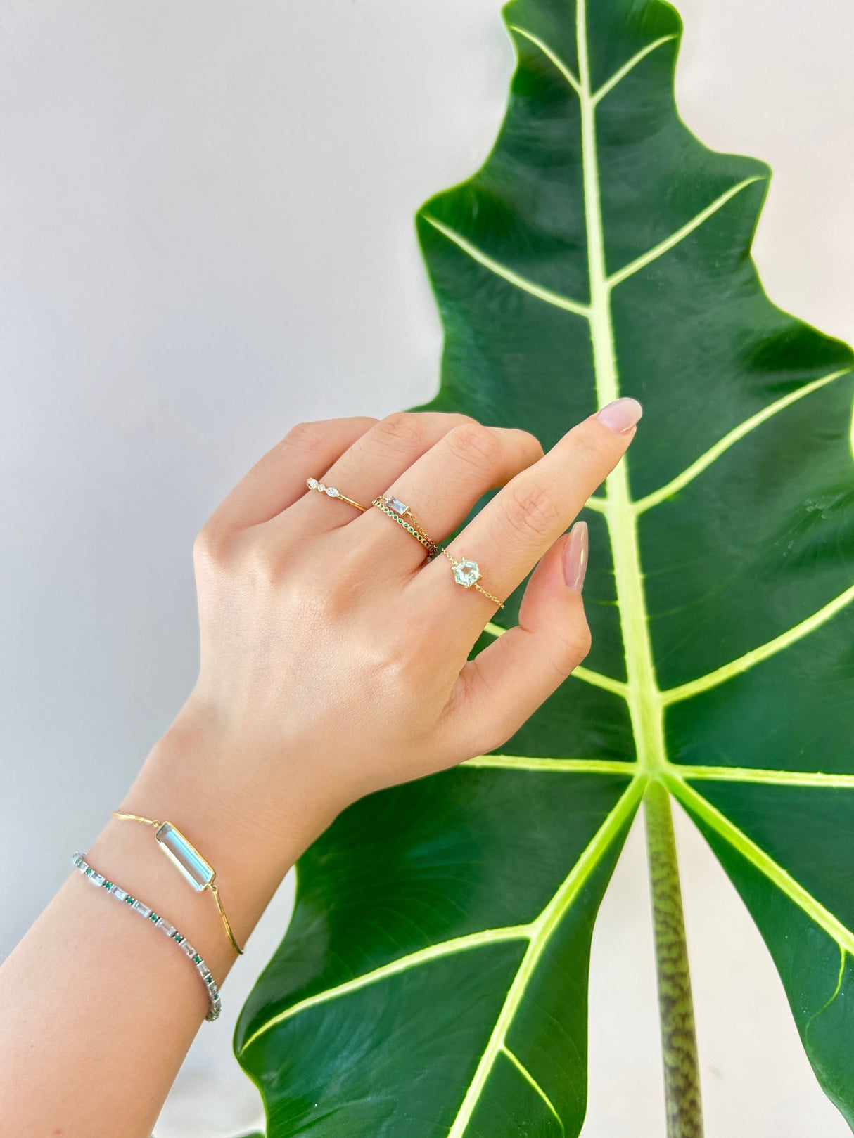 Tourmaline Hexagon Chain Ring 18k gold Stackable ring on model