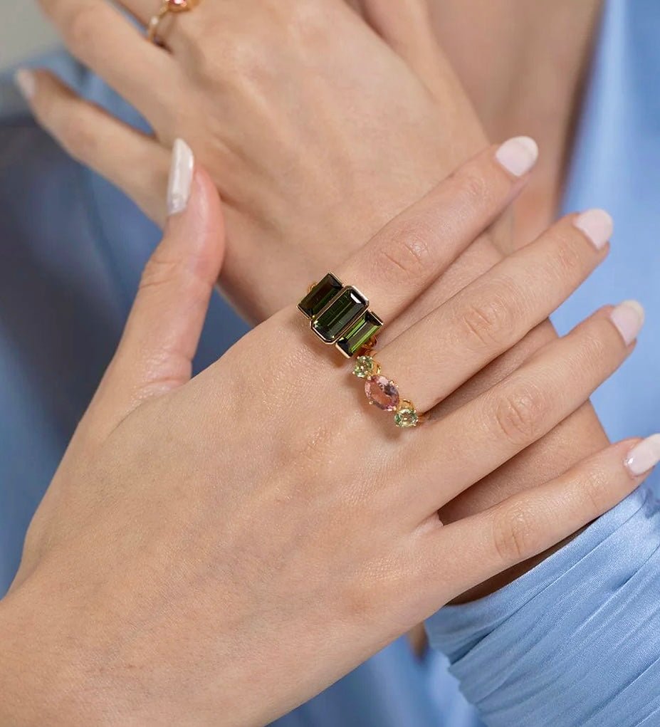 Tourmaline Macaroon Ring 18k gold Stackable ring on model