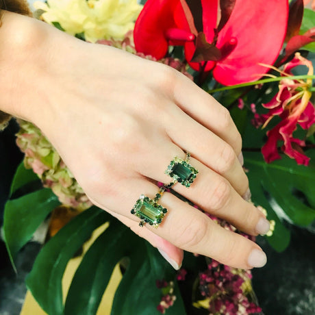 Tourmaline Moss Green Candy Ring 18k gold stackable ring on model