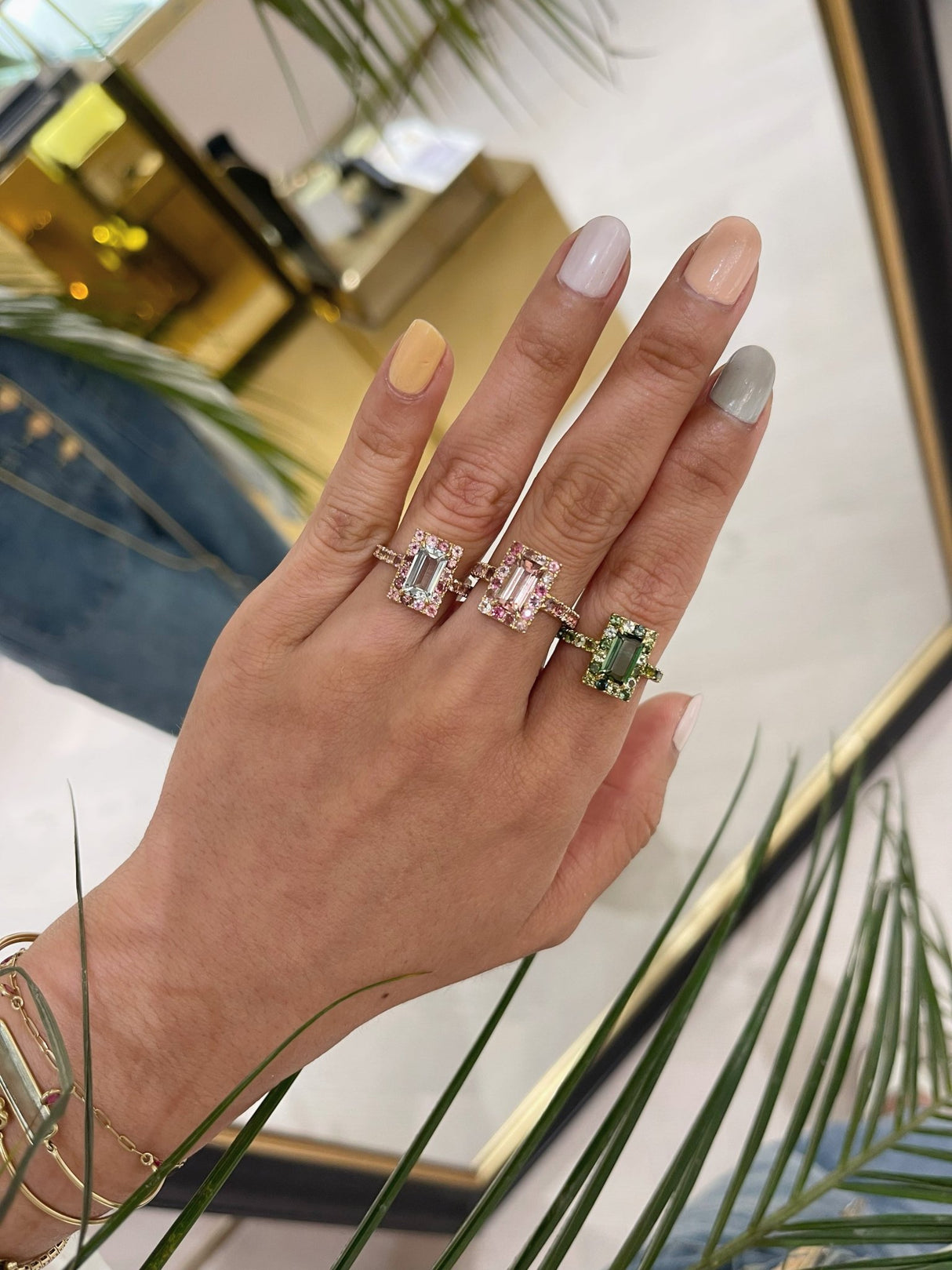 Tourmaline Moss Green Candy Ring 18k gold stackable ring on model 2