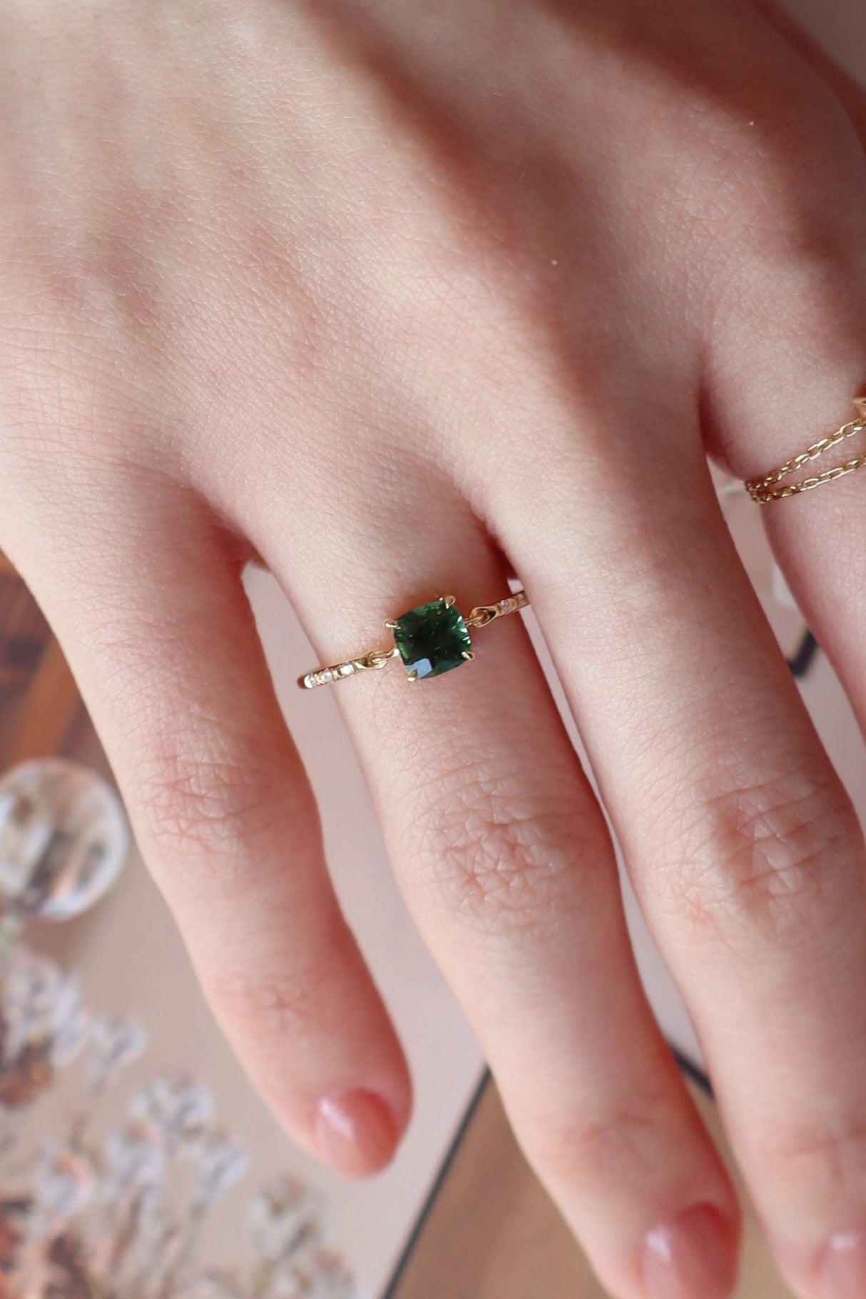 Cushion Green Tourmaline Petite Circle Diamond Ring