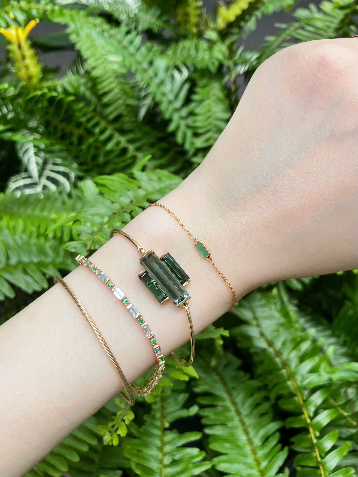 Tourmaline Rhythm Bar Supreme Bangle 18K gold stackable design on model