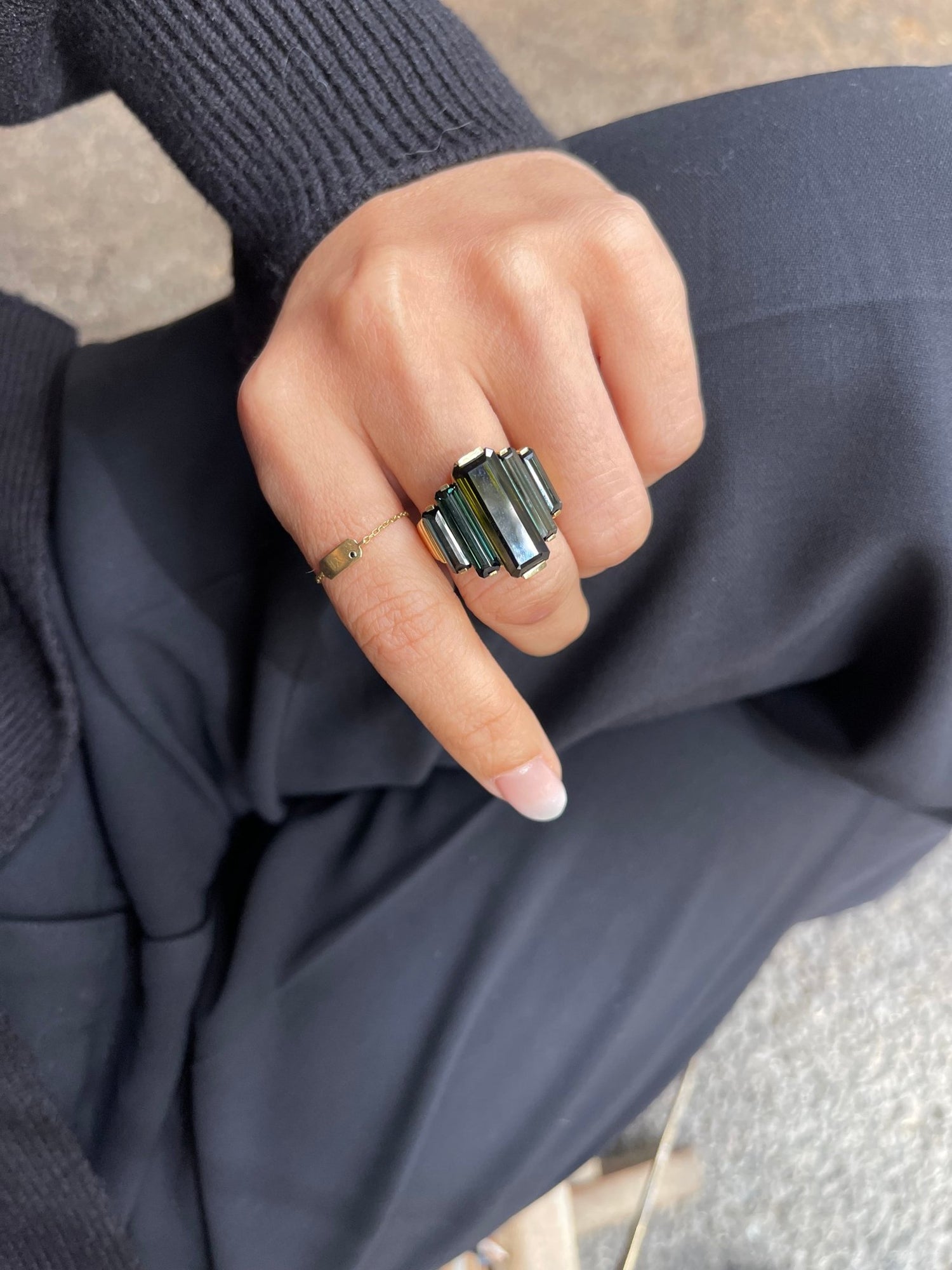 Tourmaline Rhythm Supreme Ring 18k gold engagement ring on model
