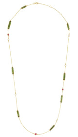 Necklace with green tourmaline ruby and diamond on a white background
