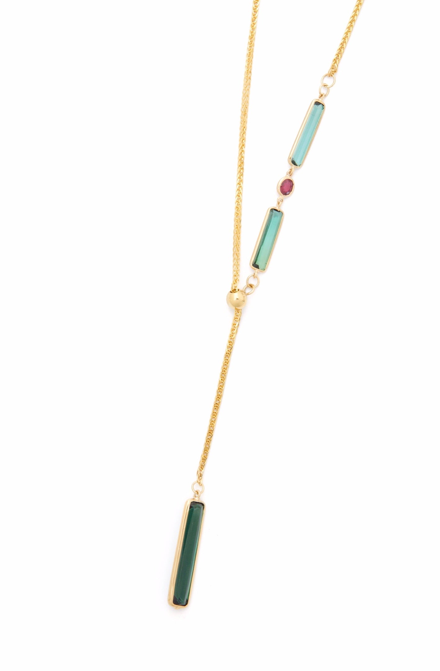 Tourmaline & Ruby Lasso Bar Necklace 18k gold handmade fine jewelry