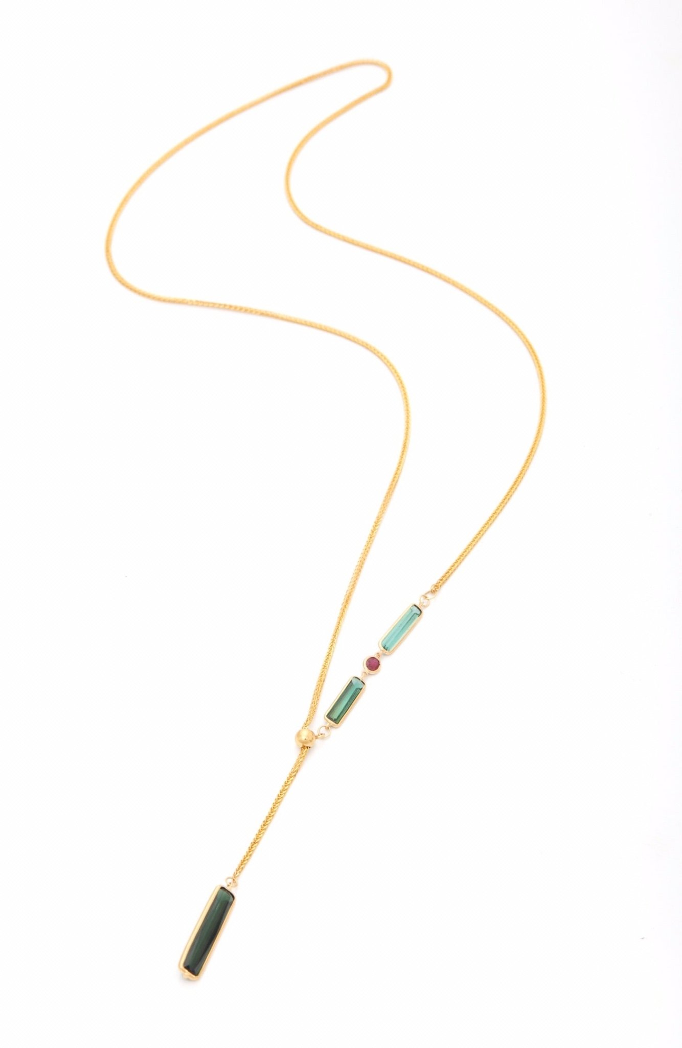 Tourmaline & Ruby Lasso Bar Necklace 18k gold handmade fine jewelry 3