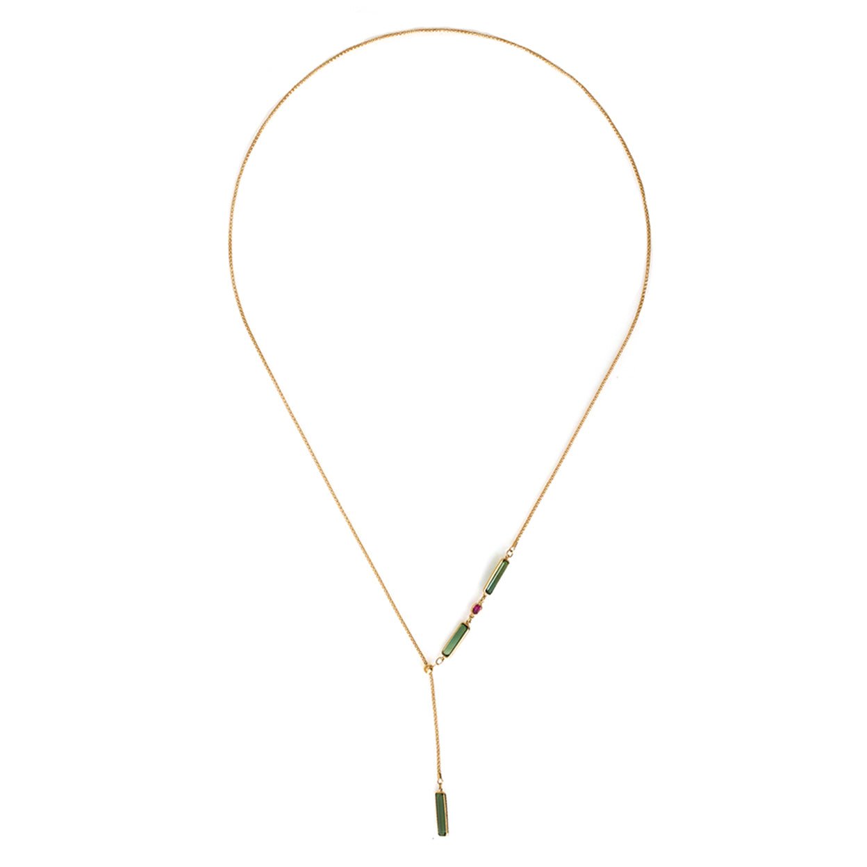 Tourmaline & Ruby Lasso Bar Necklace 18k gold handmade fine jewelry 4