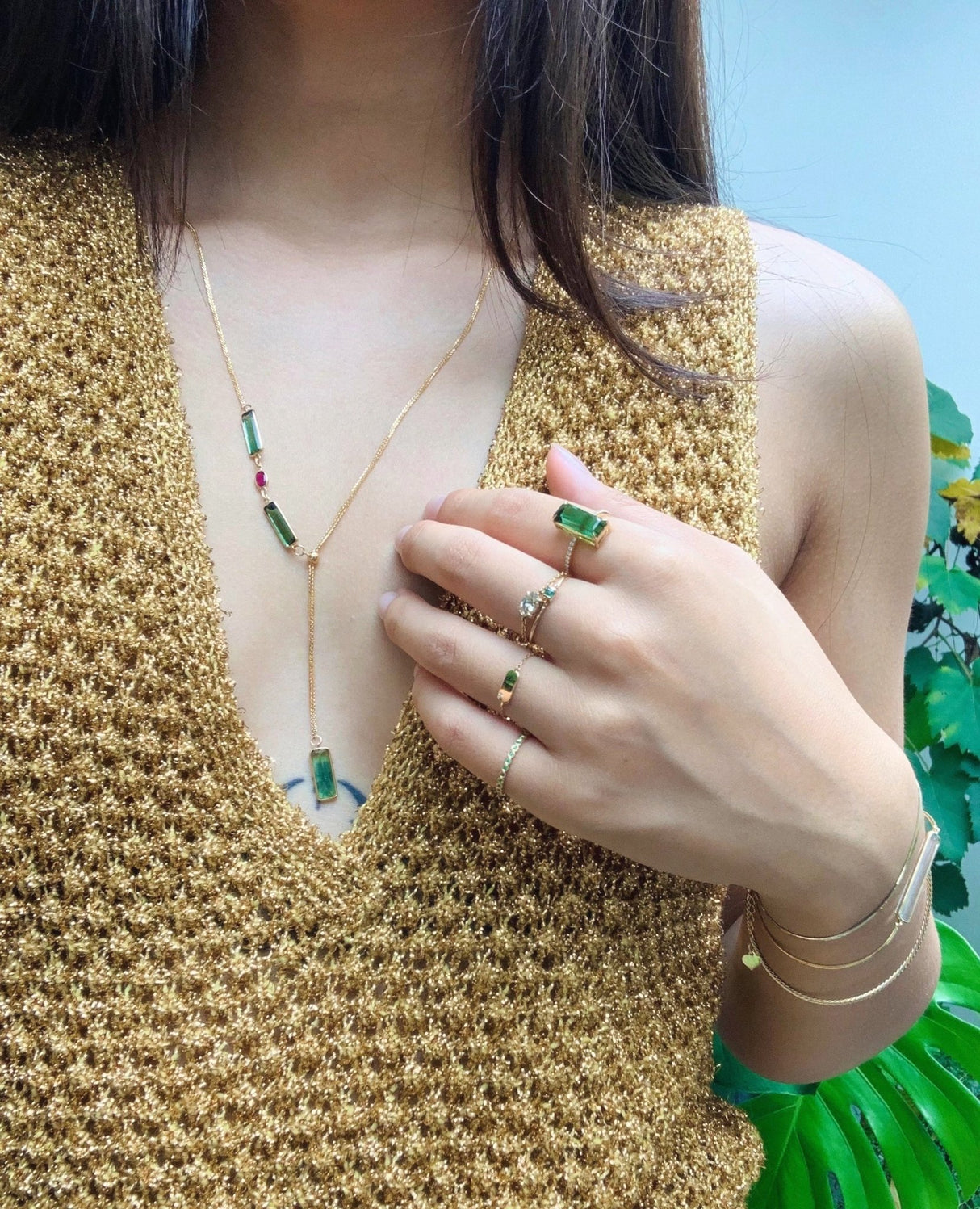 Tourmaline & Ruby Lasso Bar Necklace 18k gold handmade fine jewelry on model