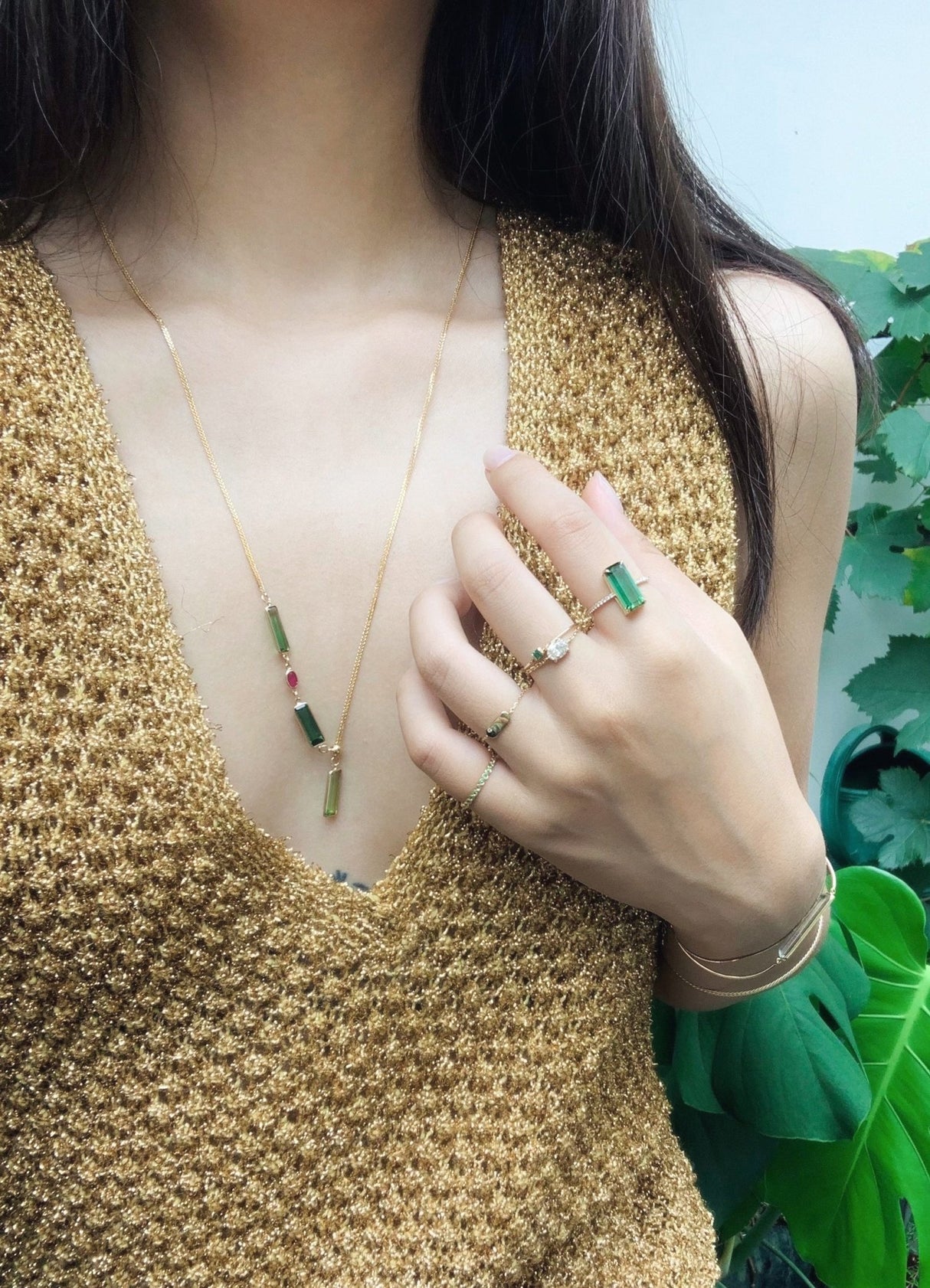 Tourmaline & Ruby Lasso Bar Necklace 18k gold handmade fine jewelry on model 2