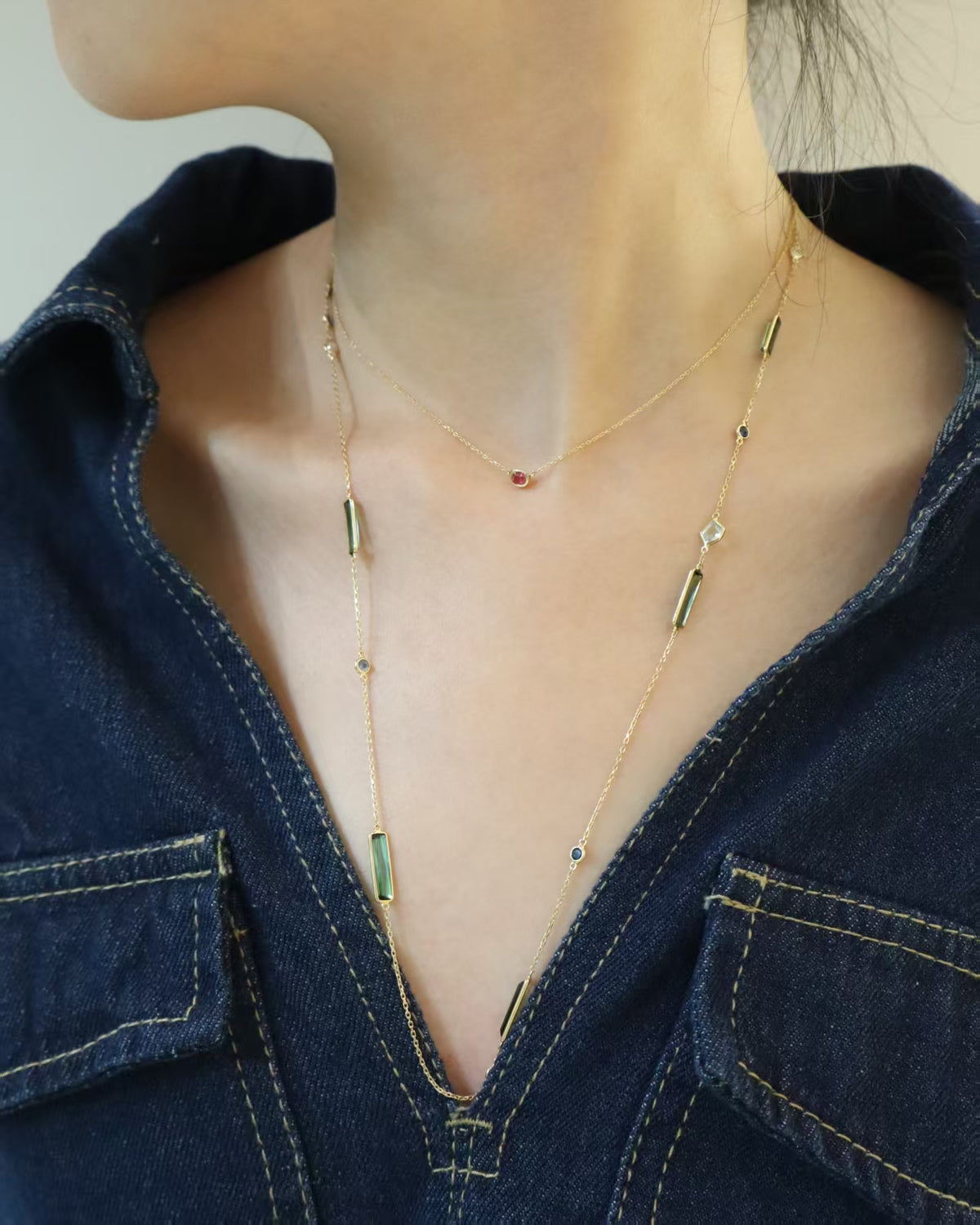 Tourmaline,Sapphire,Aquamarine & Diamond Candy Necklace 18K gold handmade fine jewelry on model
