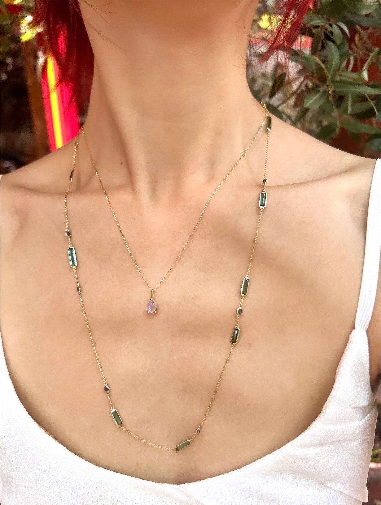 Tourmaline & Sapphire Candy Necklace 18k gold handmade fine jewelry on model