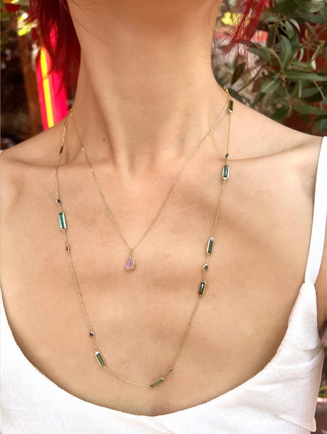 Tourmaline & Sapphire Candy Necklace 18k gold handmade fine jewelry on model