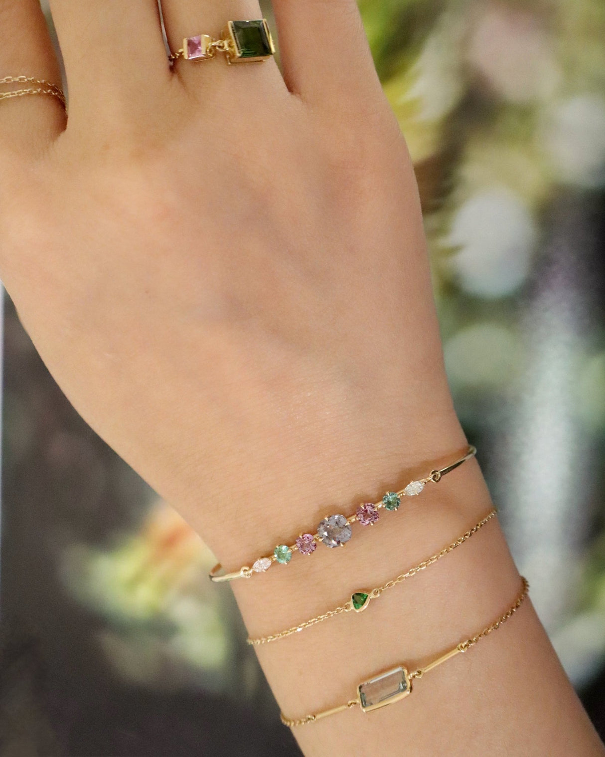 Tourmaline,Spinel & Diamond Compass Bangle 18k gold Stackable design on model 1