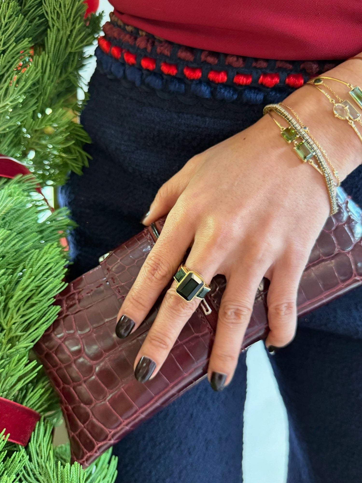 Tourmaline Supreme Protection Ring 18k gold stackable ring on model