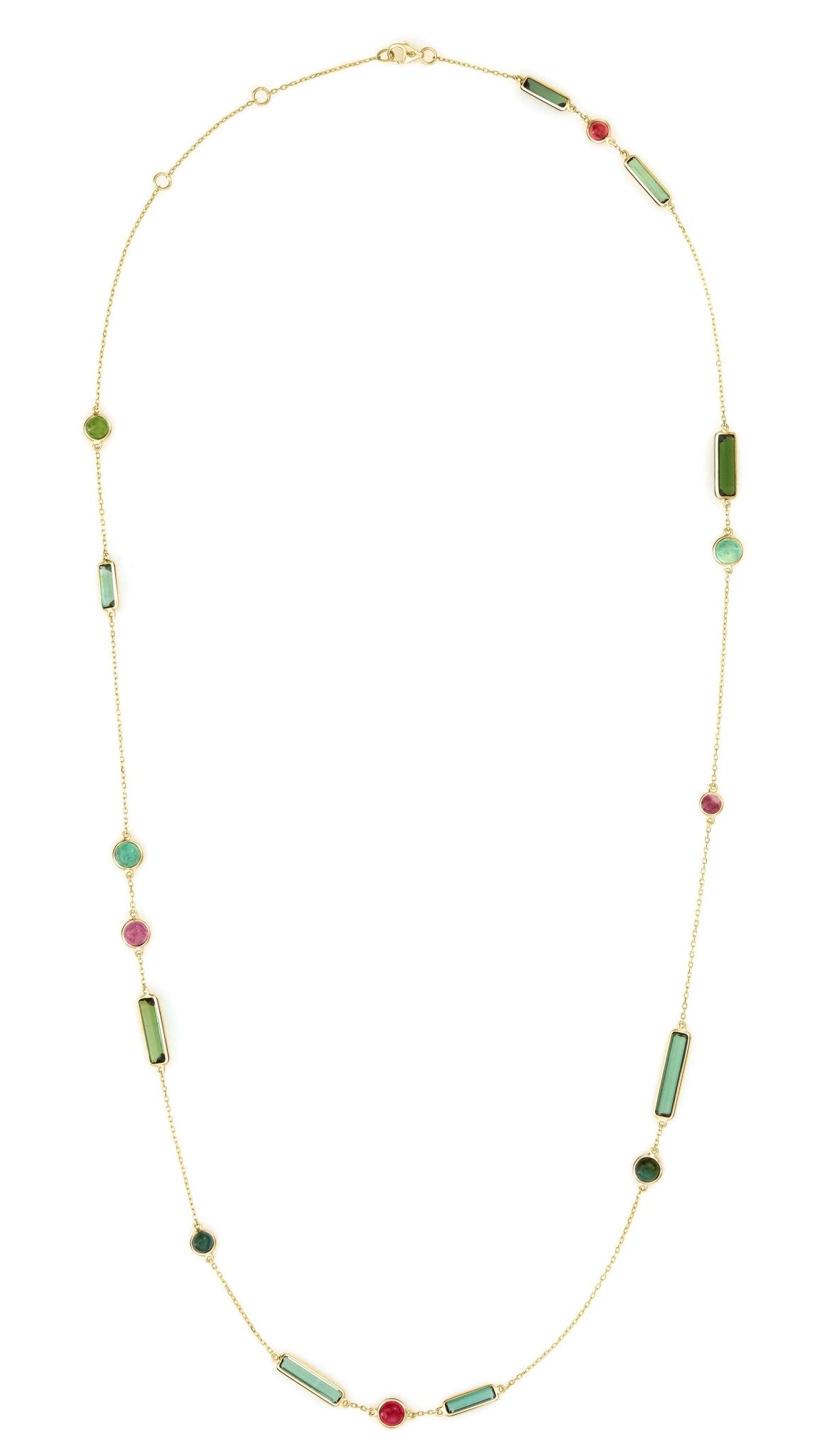 Necklace with green and red tourmaline gems on a white background