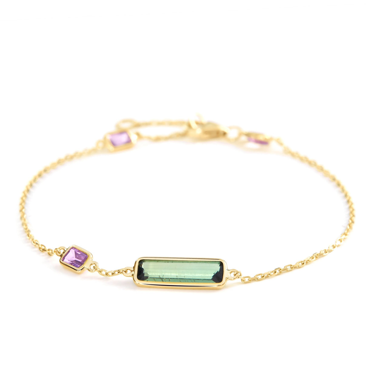 Tourmalines & Pink Sapphire Bar Bracelet 18k gold stackable design