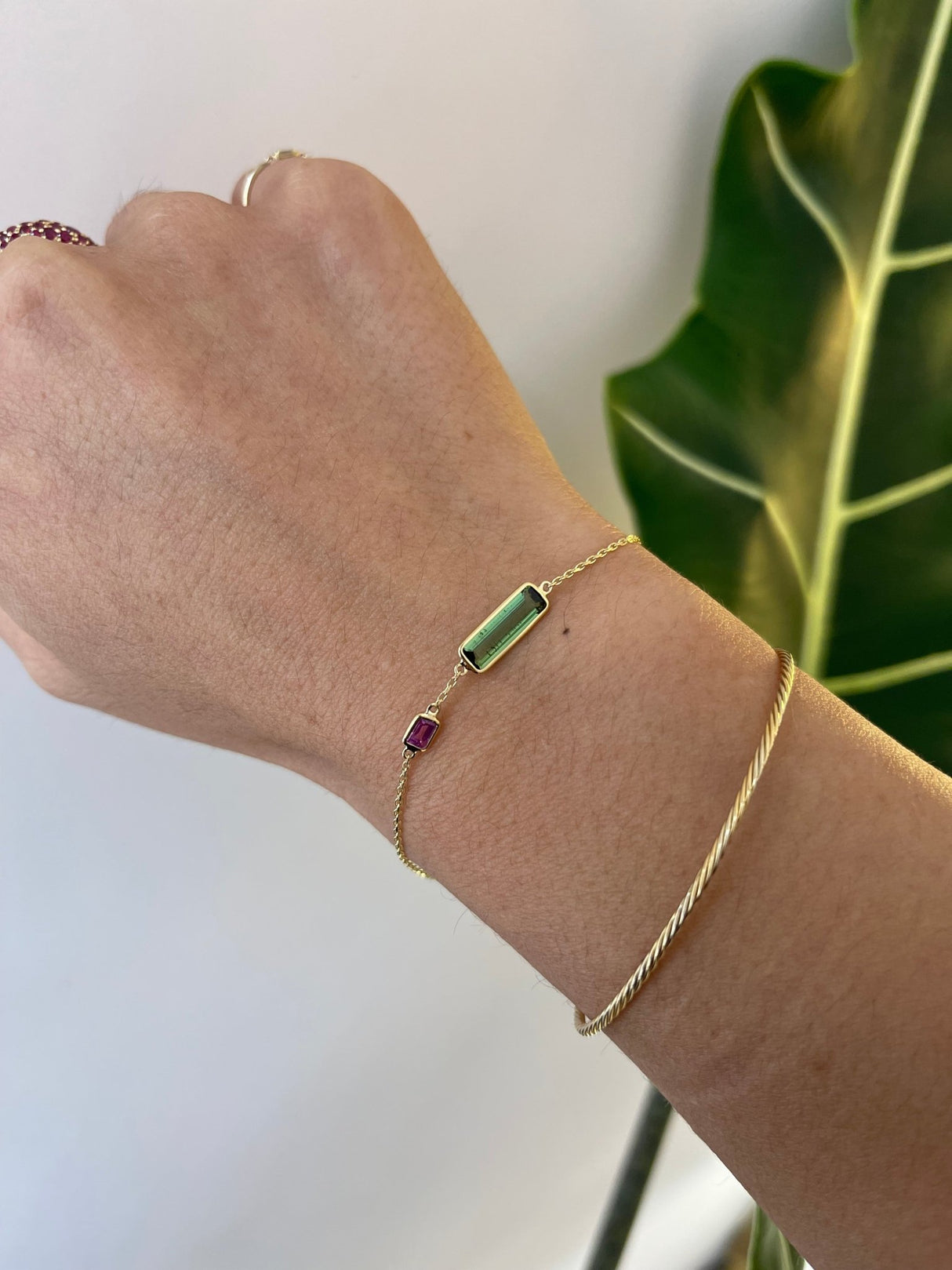 Tourmalines & Pink Sapphire Bar Bracelet 18k gold stackable design on model