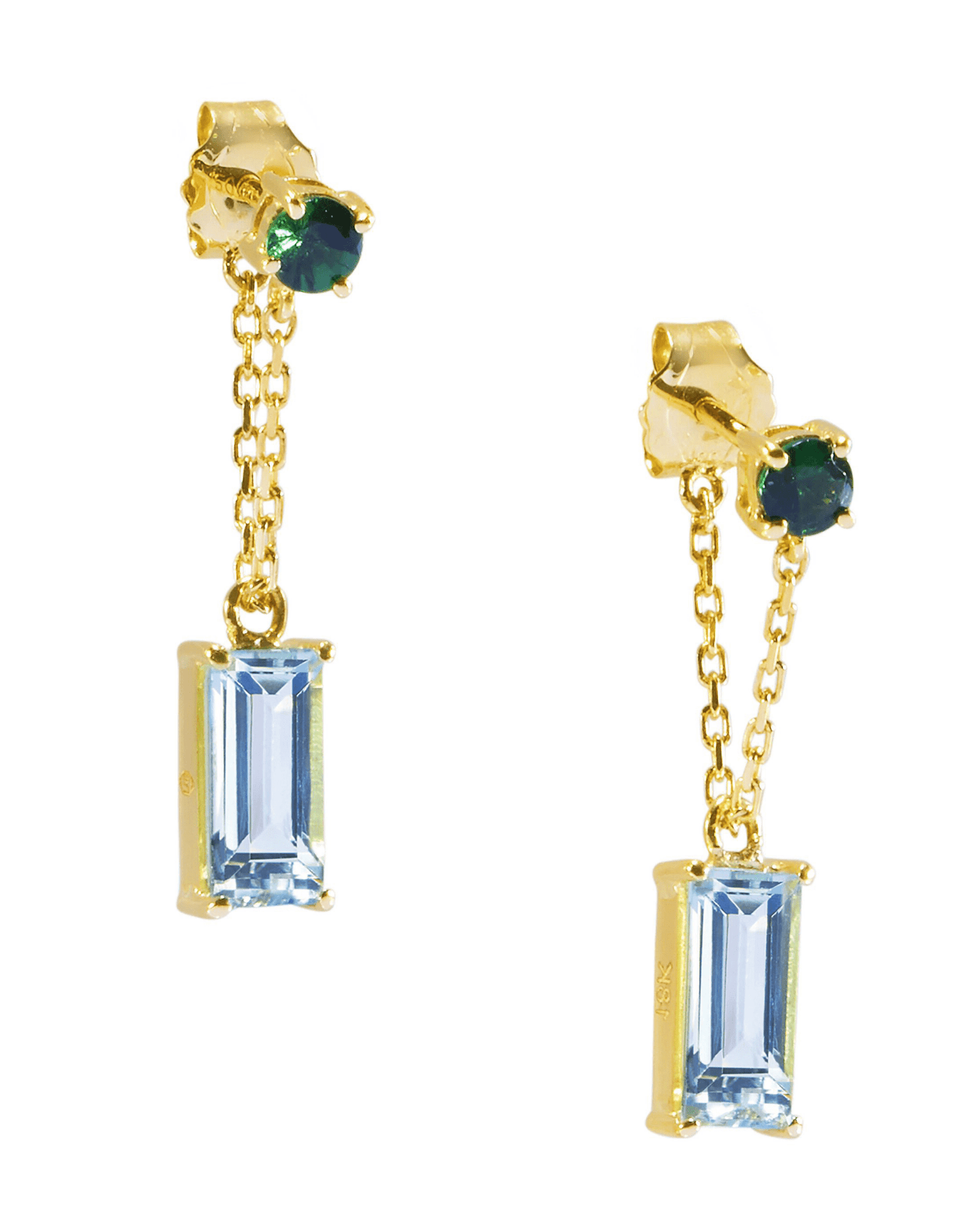 Tsavorite & Aquamarine Chain Earrings 18K Gold Handmade Fine Jewelry