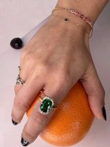 Tsavorite Aurora Ring 18k gold stackable ring on model 2