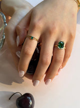 Tsavorite Aurora Ring 18k gold stackable ring on model 4